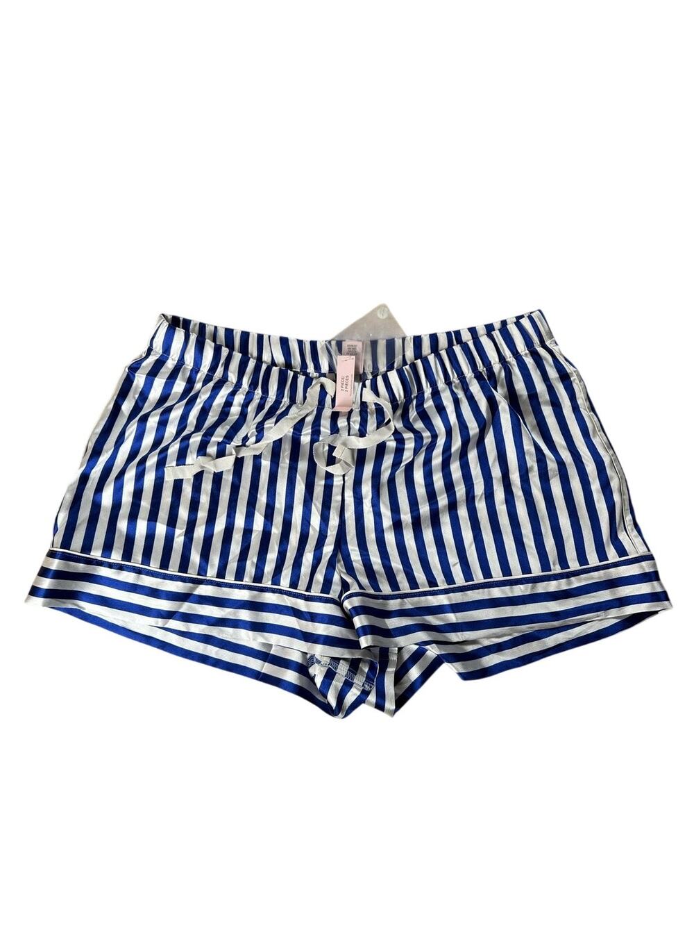 Victoria's Secret Hot Pants Womens L Blue Satin Striped Elastic Waist Drawstring